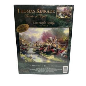 New 1996 Lamplight Bridge Cross Stitch Pattern Thomas Kinkade‎ Candamar Designs